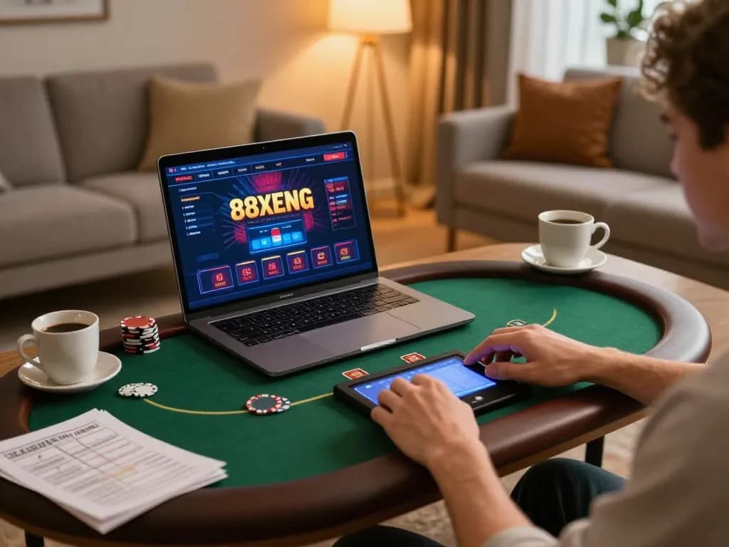 Engaging in an online poker game on 88xeng with a cozy at-home setup.