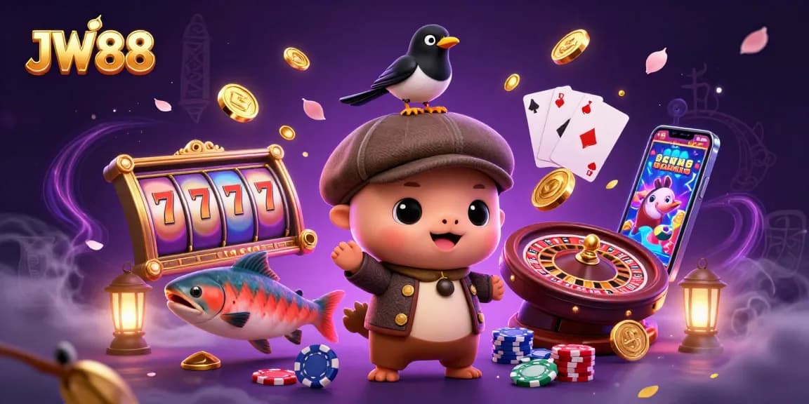 Experience the excitement of JW88 with a charming illustration of Nessie enjoying vibrant casino elements.