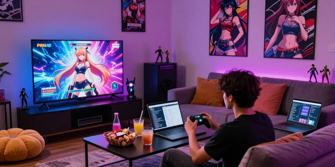 Engaging scene of a gamer enjoying hentai games in a cozy living room, surrounded by snacks and anime decor.