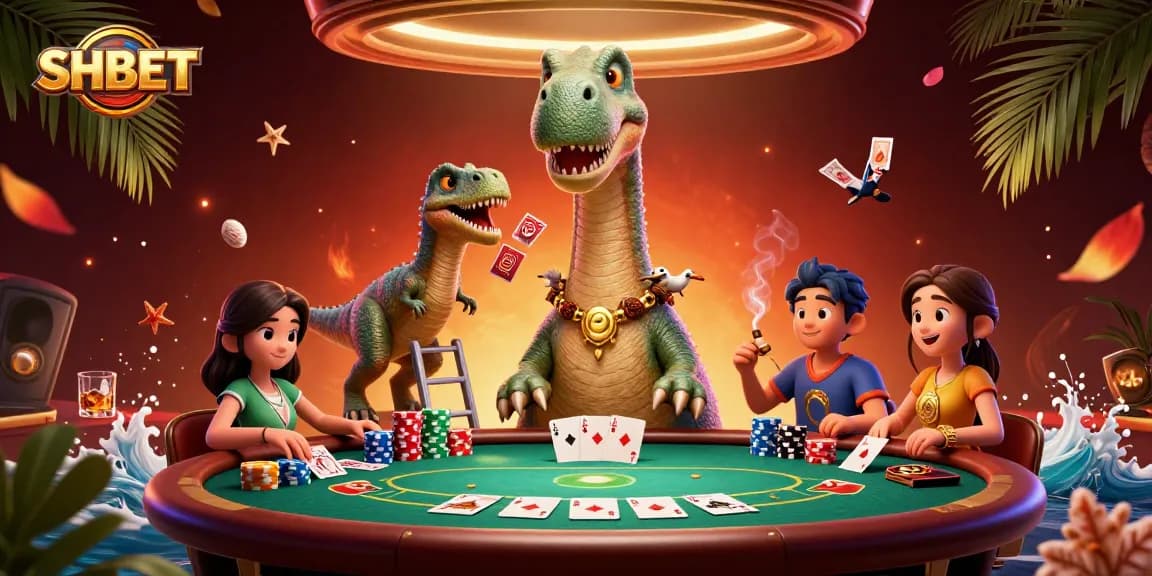 SHBET offers a vibrant poker scene featuring a towering brontosaurus and a clever raptor dealer.