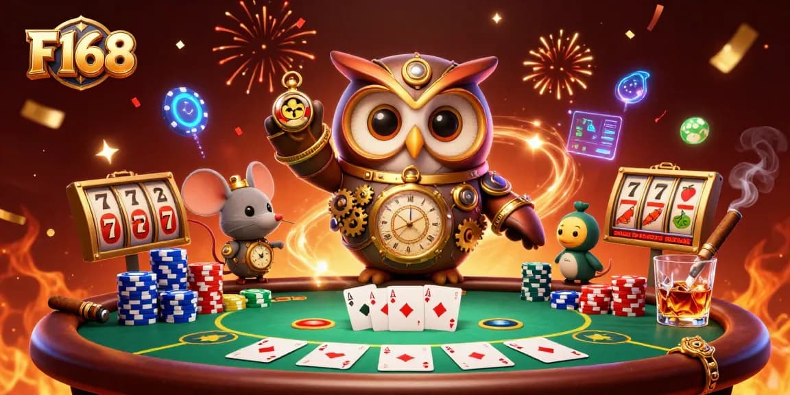 Experience thrilling gaming at F168 with a cartoon owl and poker elements in a steampunk casino setting.