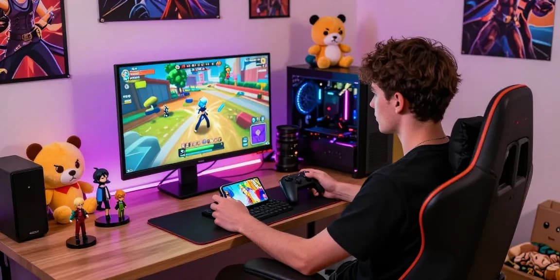 Engaging scene of a gamer playing mobile hentai games with vibrant visuals