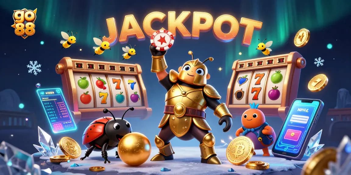 Spin to win at go 88 with a victorious cartoon hercules beetle celebrating jackpots in a dynamic casino scene.