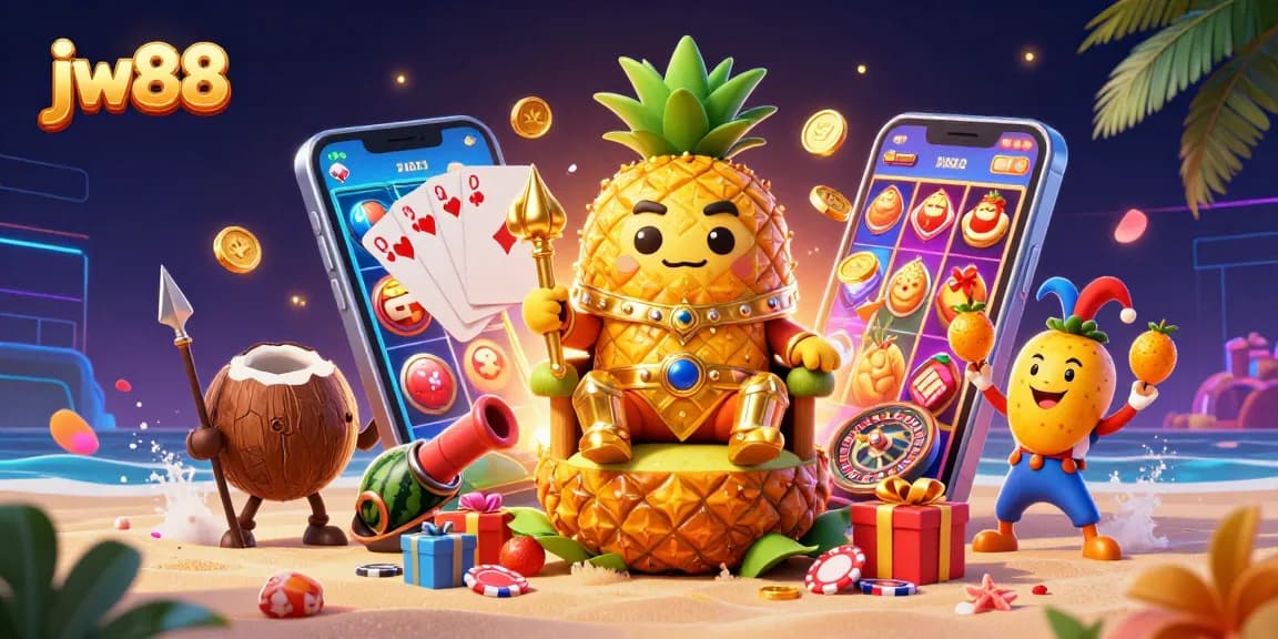 Experience thrilling gameplay at jw88 with a vibrant illustration of a casino scene featuring tropical characters and dynamic games.