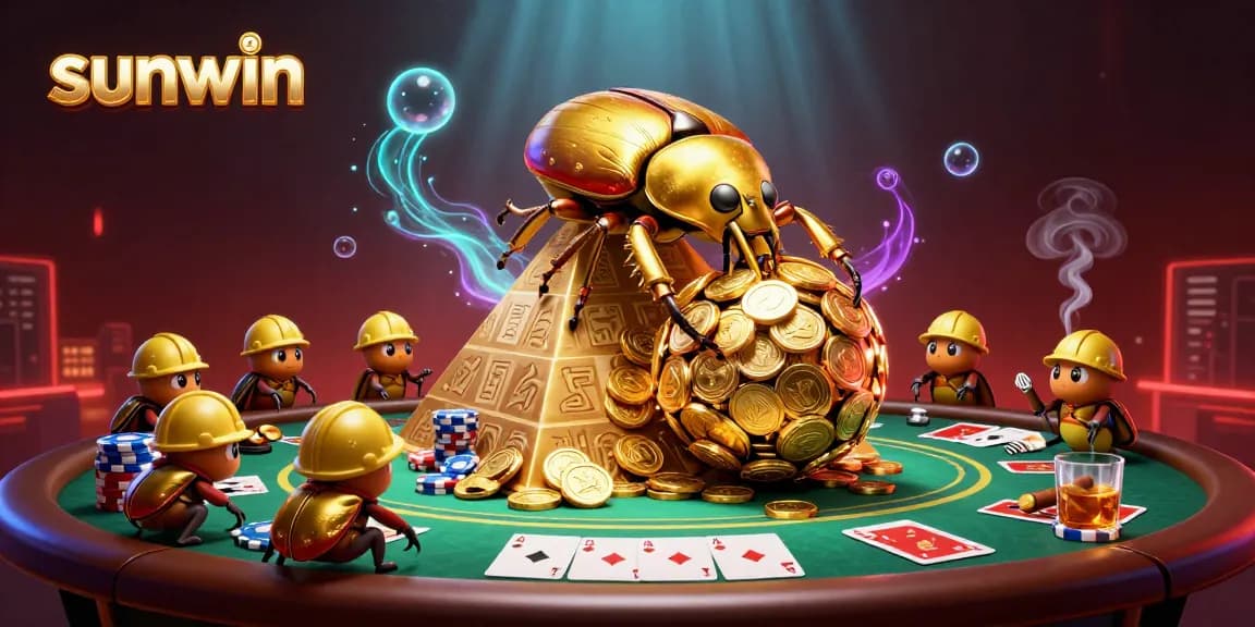 Experience the thrill of sunwin with a vibrant casino-themed scene featuring cartoon beetles and poker elements.