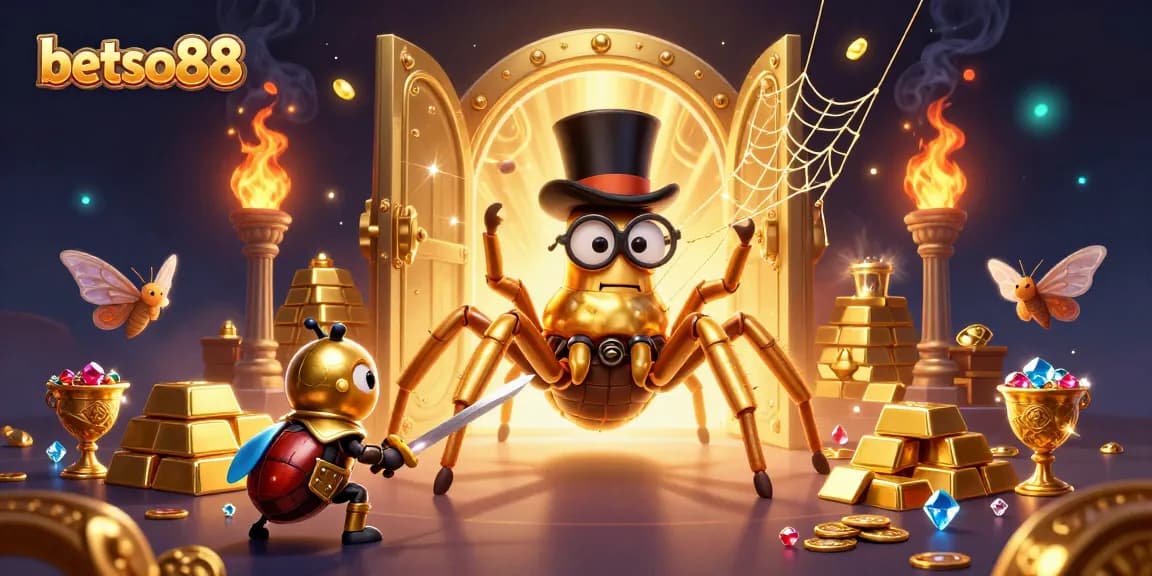 Join the betso88 adventure with a golden tarantula and beetle knight in an enchanting casino scene.