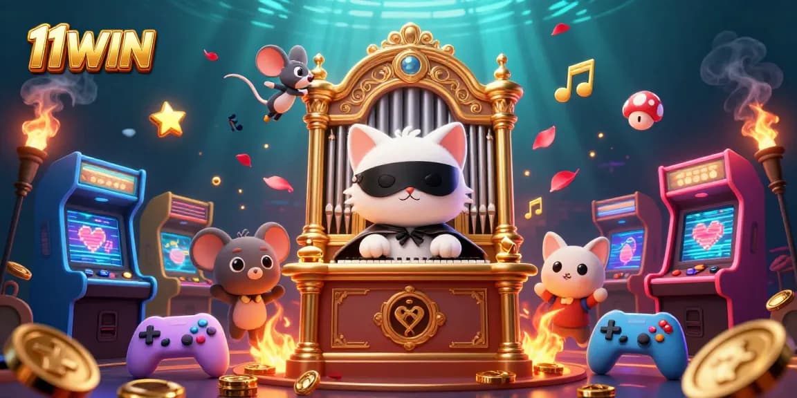 Engage with 11WIN's vibrant casino world featuring a Phantom cat and interactive gaming elements.