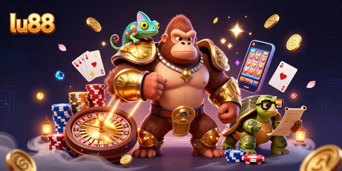 Experience the thrill of lu88 with a 3D gorilla king, colorful gems, and dynamic casino elements.