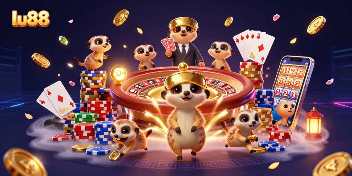 Experience the excitement of lu88 with meerkats running a lively casino, filled with vibrant imagery and dynamic elements.