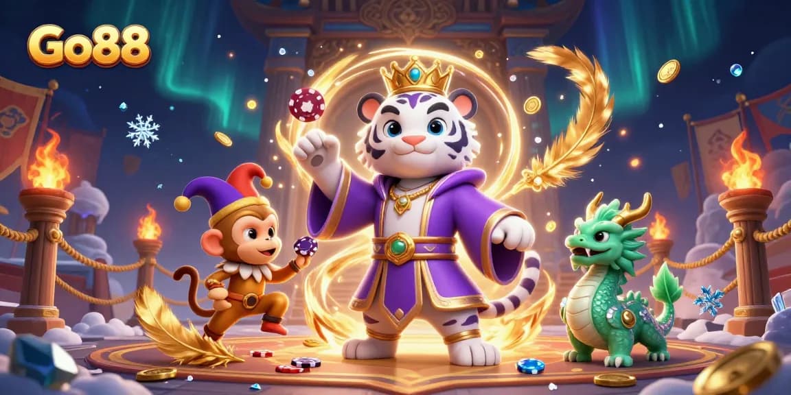 Spin the reels at Go88 while joining a white tiger, a golden monkey, and a jade dragon in a vibrant casino scene.