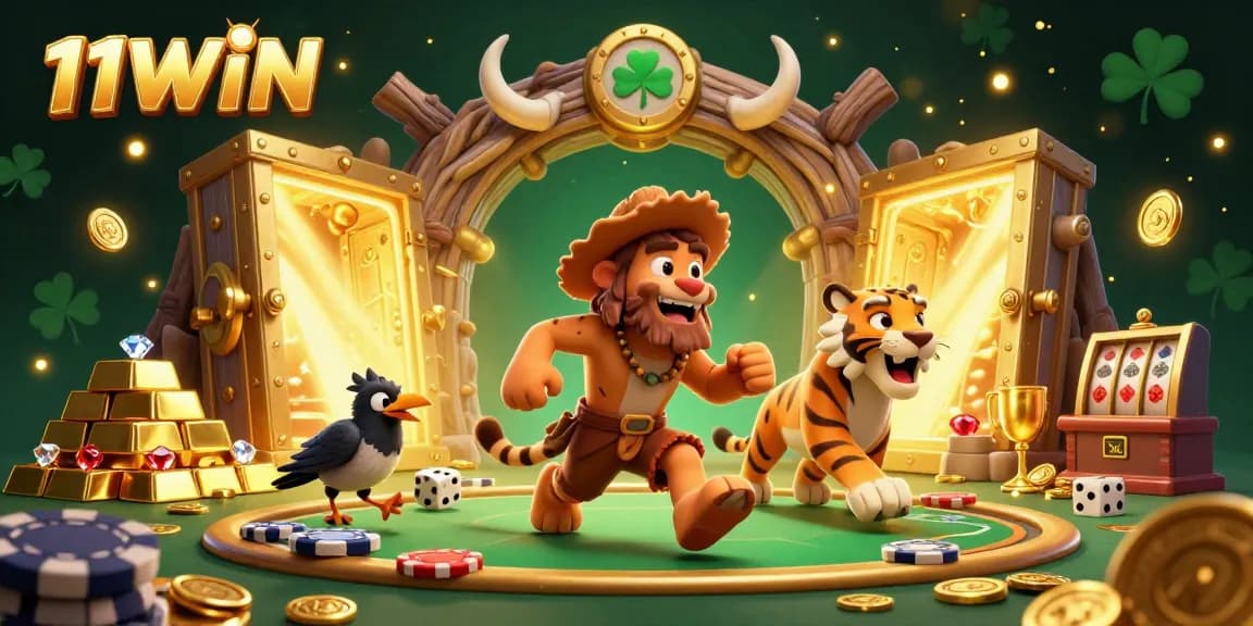 Experience 11WIN's vibrant prehistoric casino scene with characters and dynamic game elements.