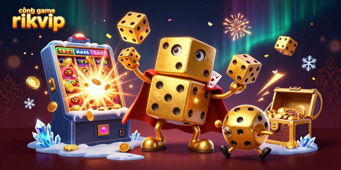 Experience excitement at cổng game rikvip with dynamic golden dice characters, coins, and vibrant casino elements.