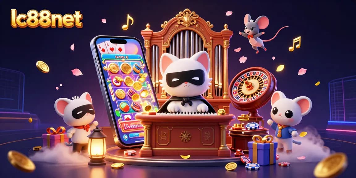 Spin vibrant reels at lc88net with cartoon characters in a lively casino setting surrounded by gaming elements.