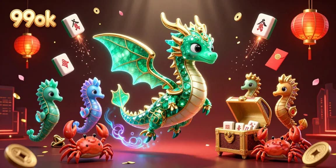 Win big at 99ok with vibrant casino-themed illustration featuring sea dragon and game elements.