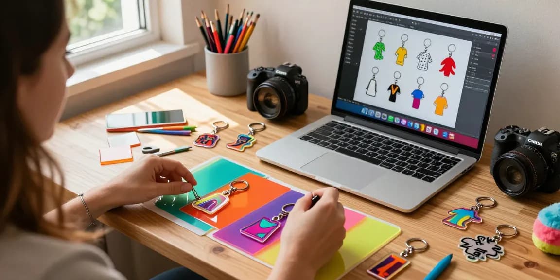 Designer customizing custom keychains in a bright workspace filled with colorful materials.