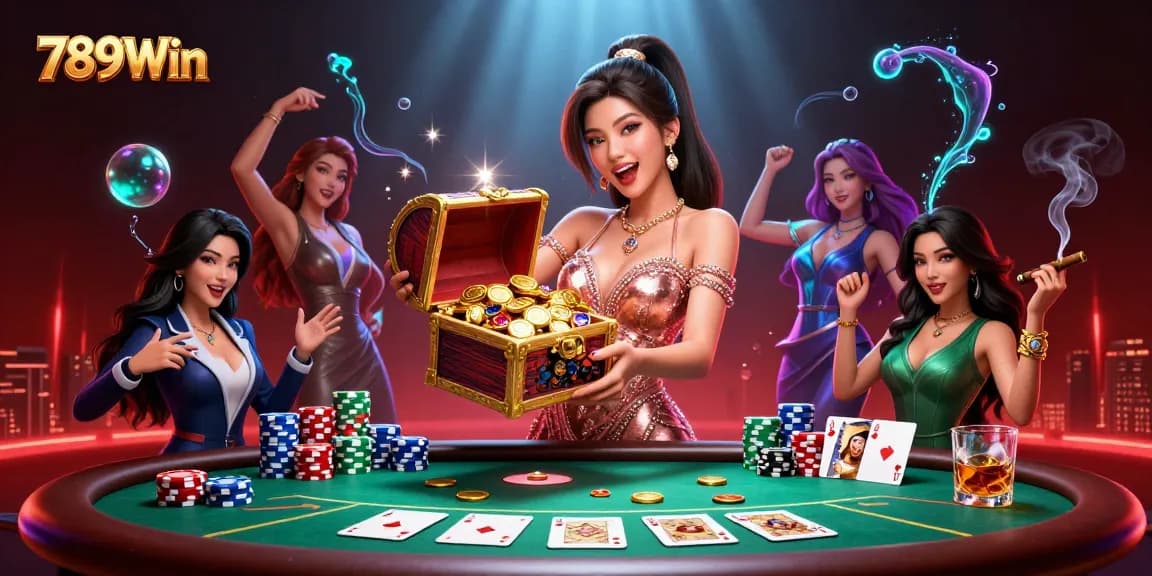 Explore thrilling gameplay with 789Win as a stunning Asian woman showcases treasure and poker elements.