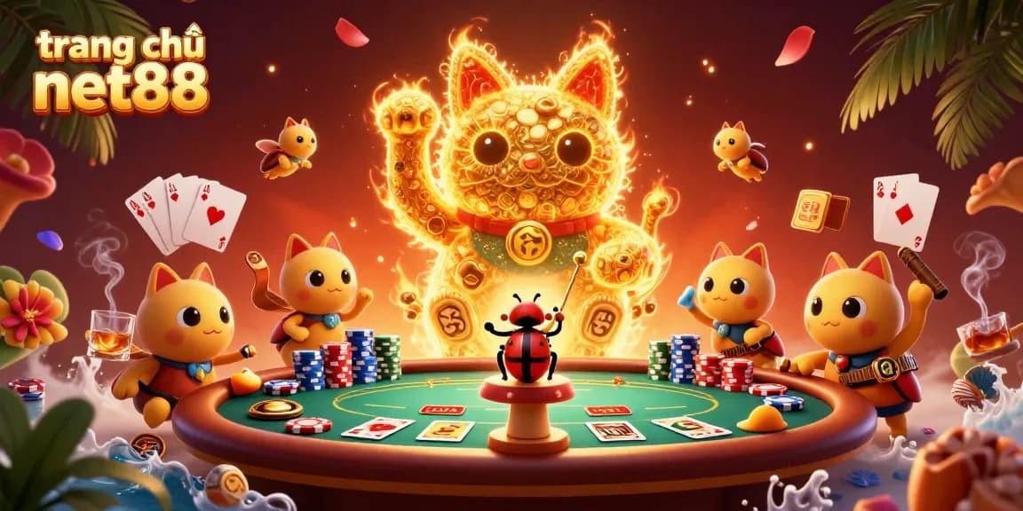 Experience the excitement of trang chủ net88 with vibrant casino symbols and a massive lucky cat illustration.