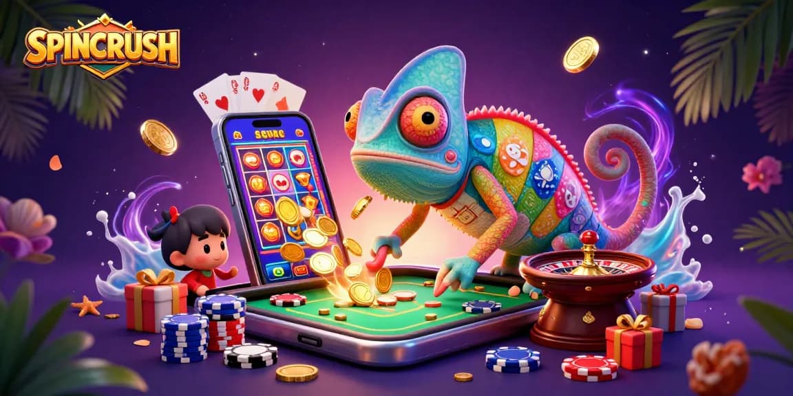 Experience high-stake wins and gambling fun with SPINCRUSH in this vibrant 3D illustration.