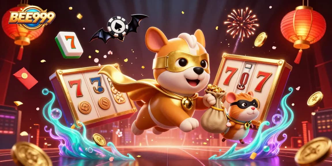 BEE999's vibrant scene showcases an adventurous dog superhero flying high, packed with slot reels and colorful decorations.