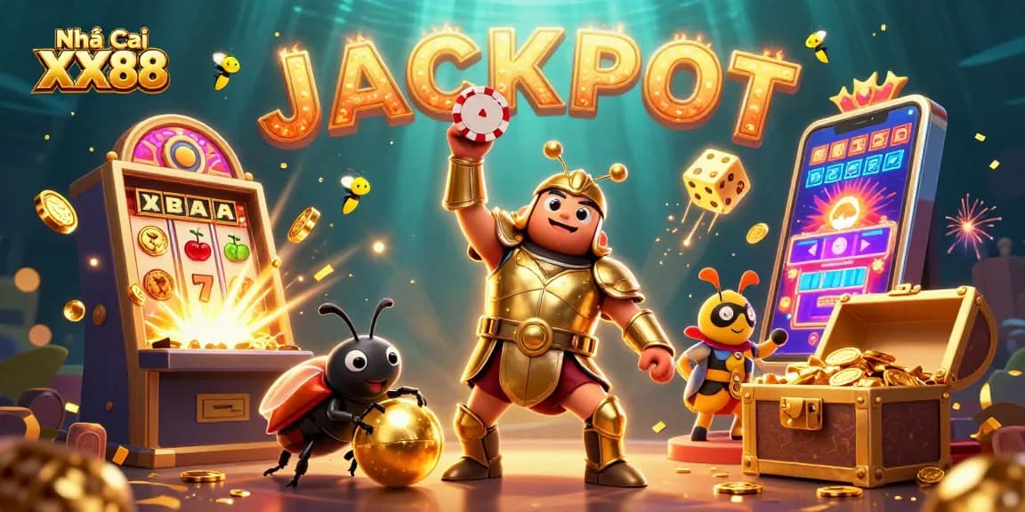 Experience the excitement at Nhà cái XX88 with a dynamic 3D casino scene featuring a victorious beetle and jackpot visuals.