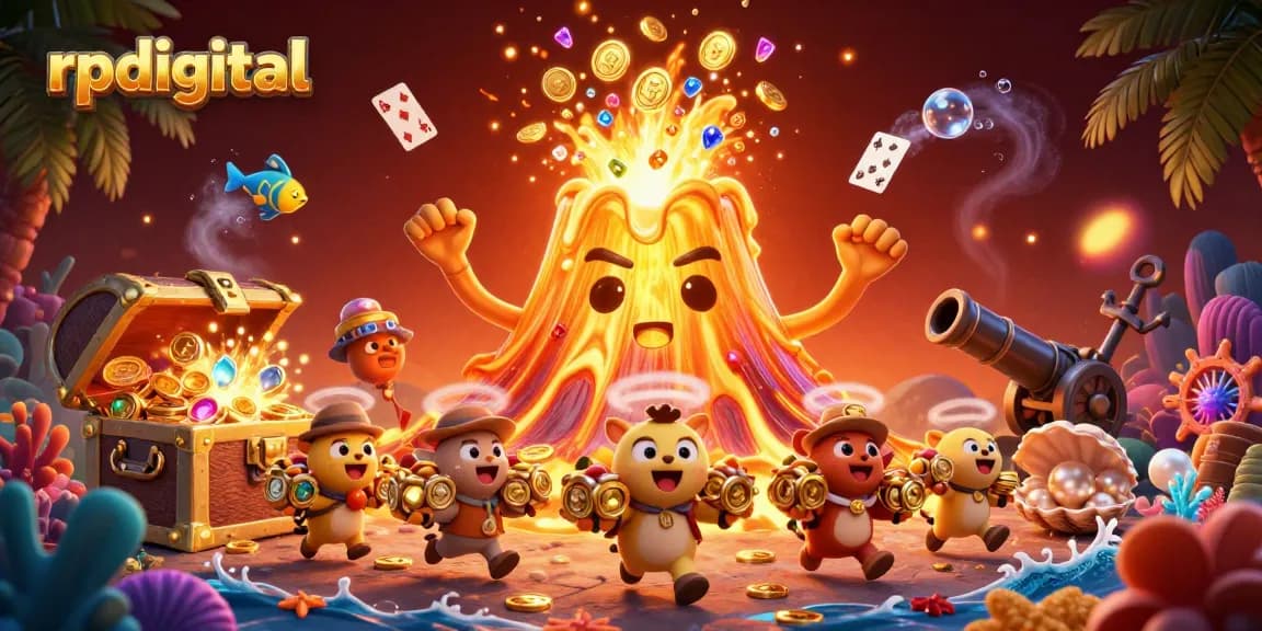 Explore vibrant treasures in a dynamic rpdigital 3D casino scene with erupting volcano and floating gems.