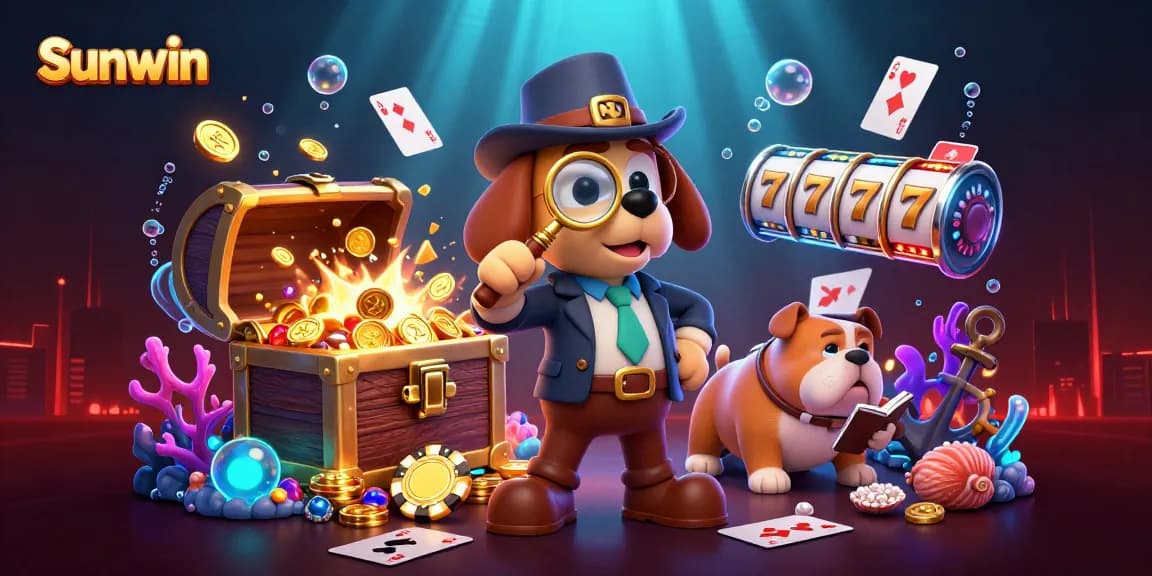 Sunwin elevates gaming with a 3D detective scene exploring poker clues amidst rich casino elements.