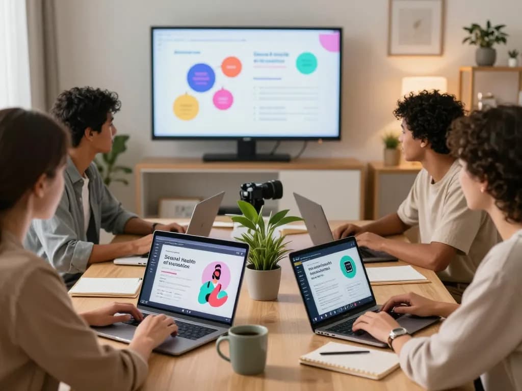 Engaging digital session on sex AI technologies with diverse individuals collaborating in a warm workspace.