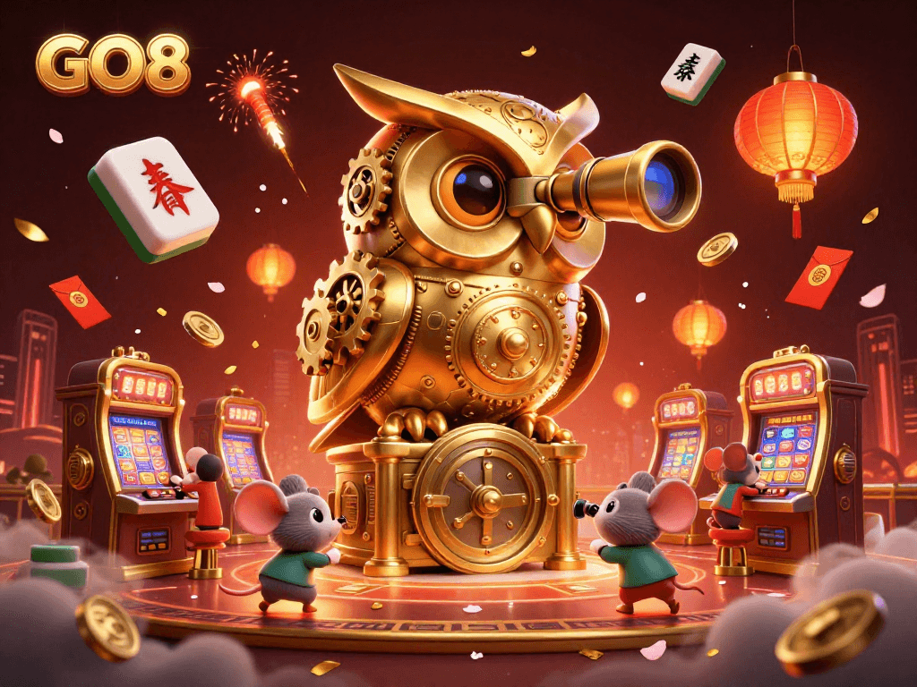 Engage in the thrilling GO8 casino experience amidst vibrant characters and dynamic gaming elements.