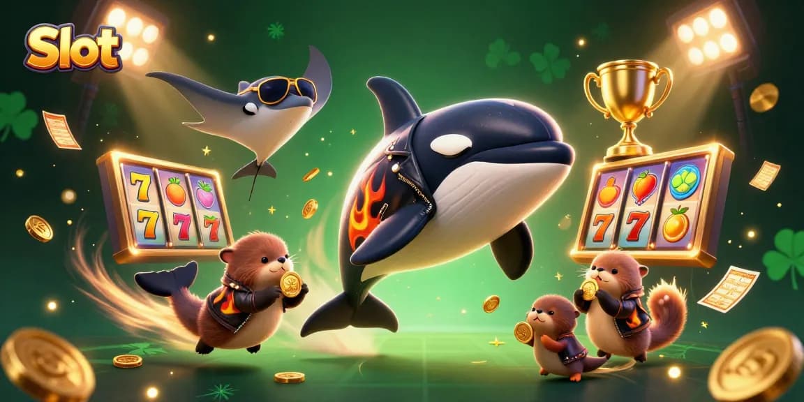Slot memberi hadiah besar dengan simbol buah dan koin emas oleh paus orca, ikan pari, dan berang-berang