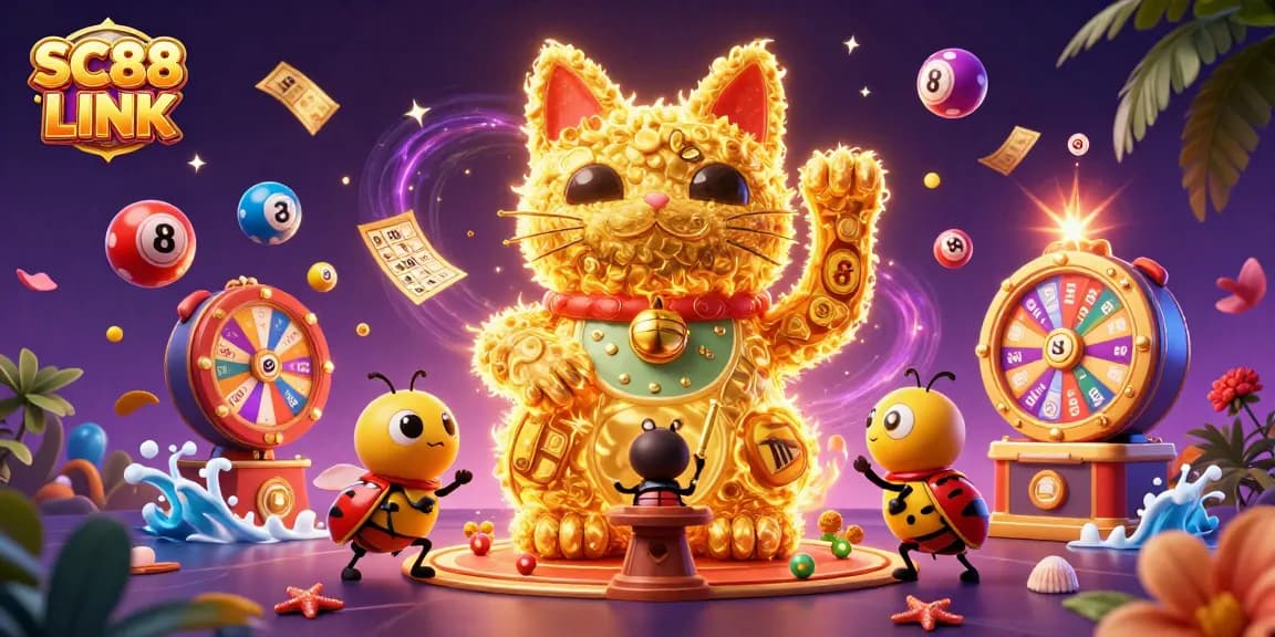 Engage with thrilling luck at SC88 LINK, featuring a vibrant lucky cat and dynamic casino elements.