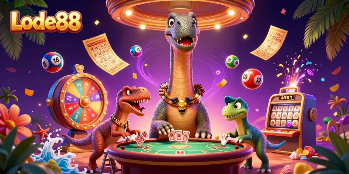 Lode88 reveals a whimsical 3D casino scene with dinosaurs and vibrant game elements.