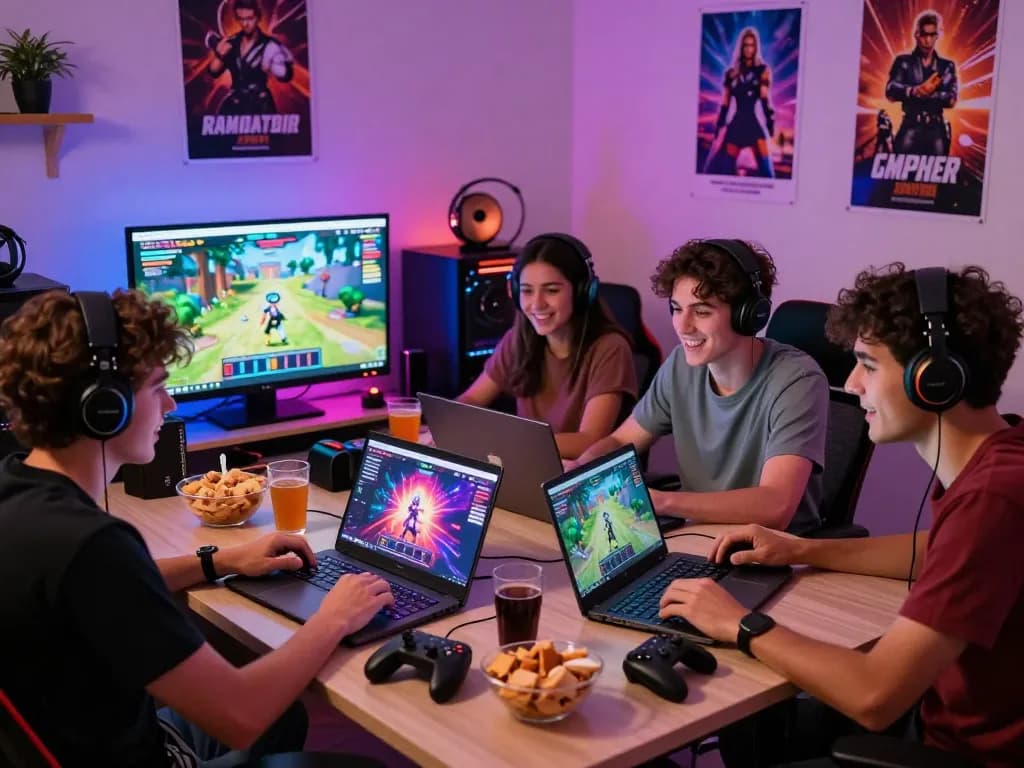Friends enjoying browser-based porn games html together in a vibrant gaming environment with colorful lighting.