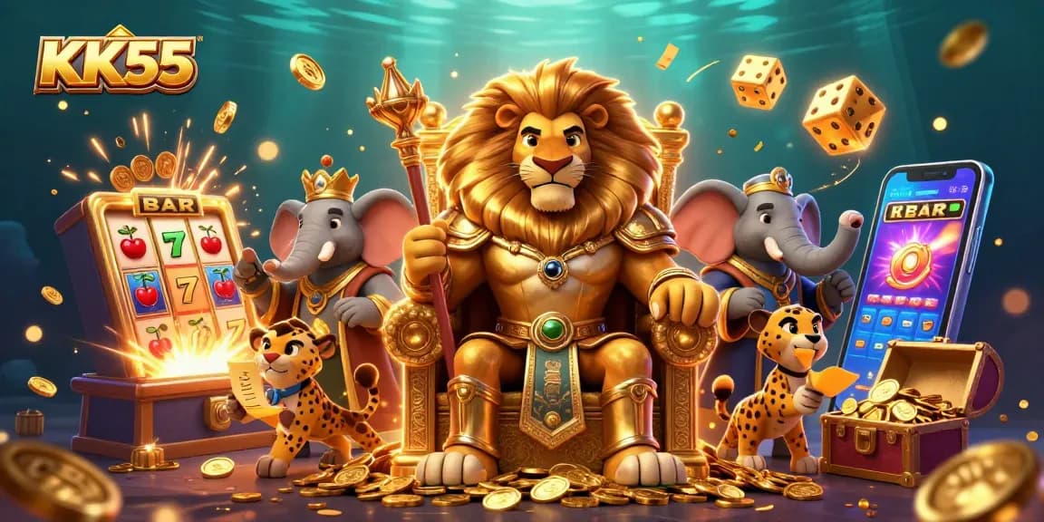 Play thrilling casino games at KK55 with a vibrant scene featuring a lion king, elephant advisor, and cheetah messenger.