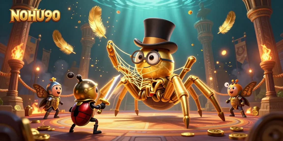 Engage with NOHU90's vibrant gaming adventure featuring a golden tarantula and knight in a casino scene.