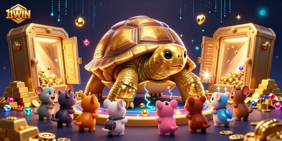 Win exciting games at 11WIN with a vibrant illustration showcasing a golden tortoise and colorful casino elements.