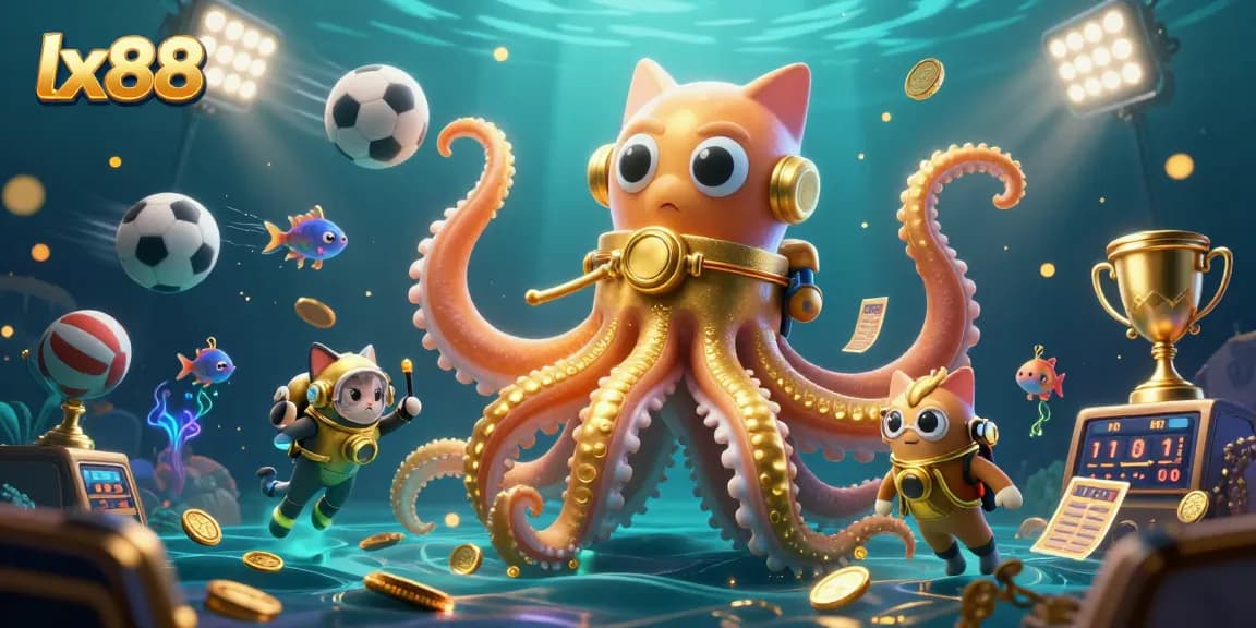 Engage with lx88 as a kraken emerges from treasure-filled depths alongside a diving cat.