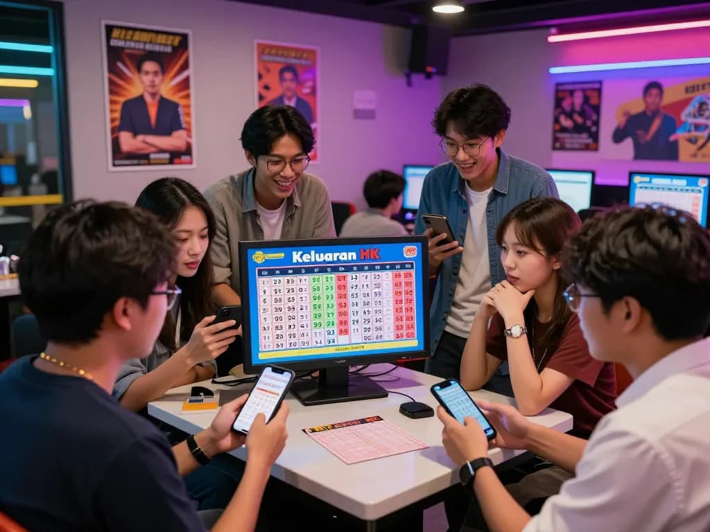 Pemain dengan antusias melihat hasil Keluaran HK di layar digital di ruang permainan yang meriah.
