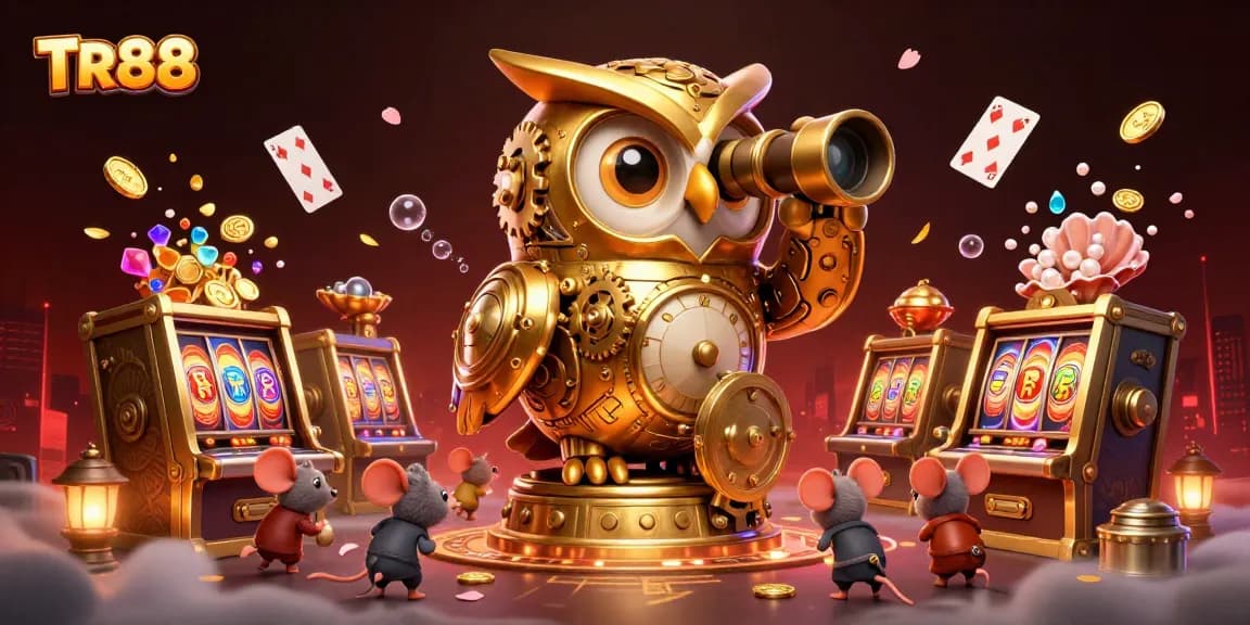 Experience excitement at TR88 with a golden owl overseeing spinning slot reels and colorful treasures.