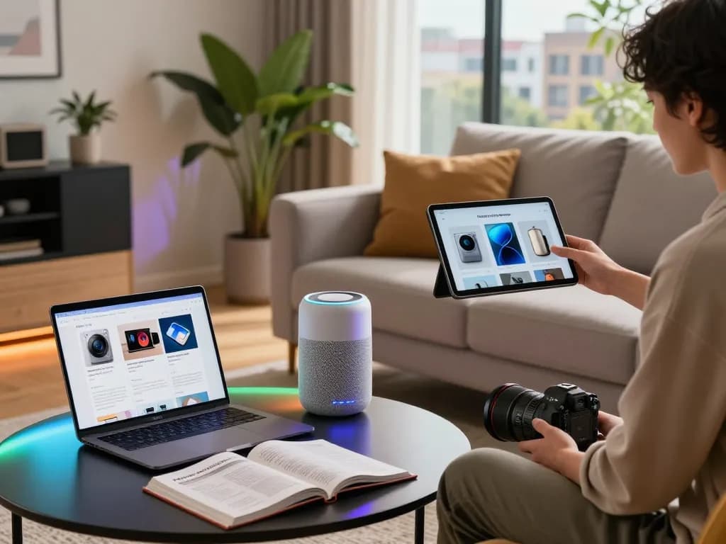 Showcasing latest tech gadgets 2101 in a modern living room setting with smart devices.