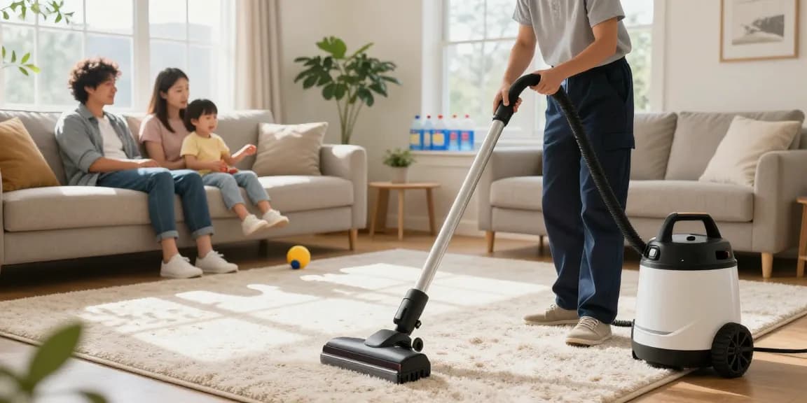 Carpet cleaning Buffalo ny in a family living room with a professional cleaner revitalizing the carpet.