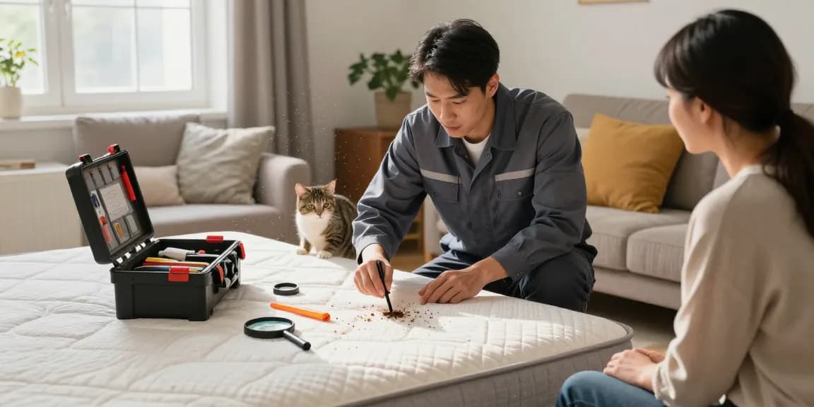 Professional pest control technician conducting bed bug removal inspection in a cozy living room, highlighting expertise and care.