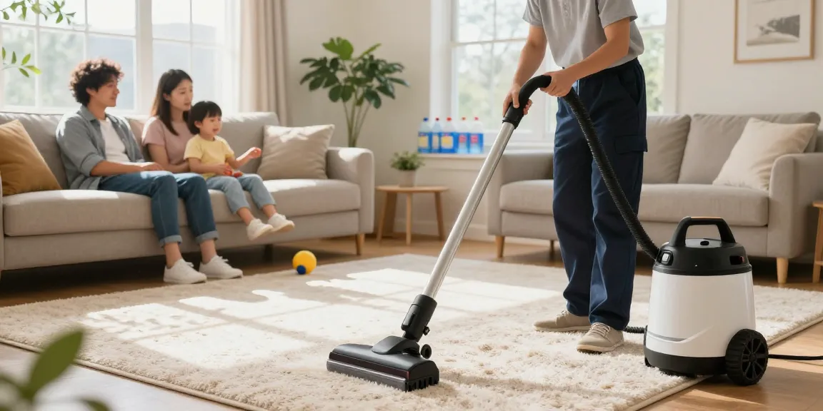 Carpet cleaning Buffalo ny in a family living room with a professional cleaner revitalizing the carpet.
