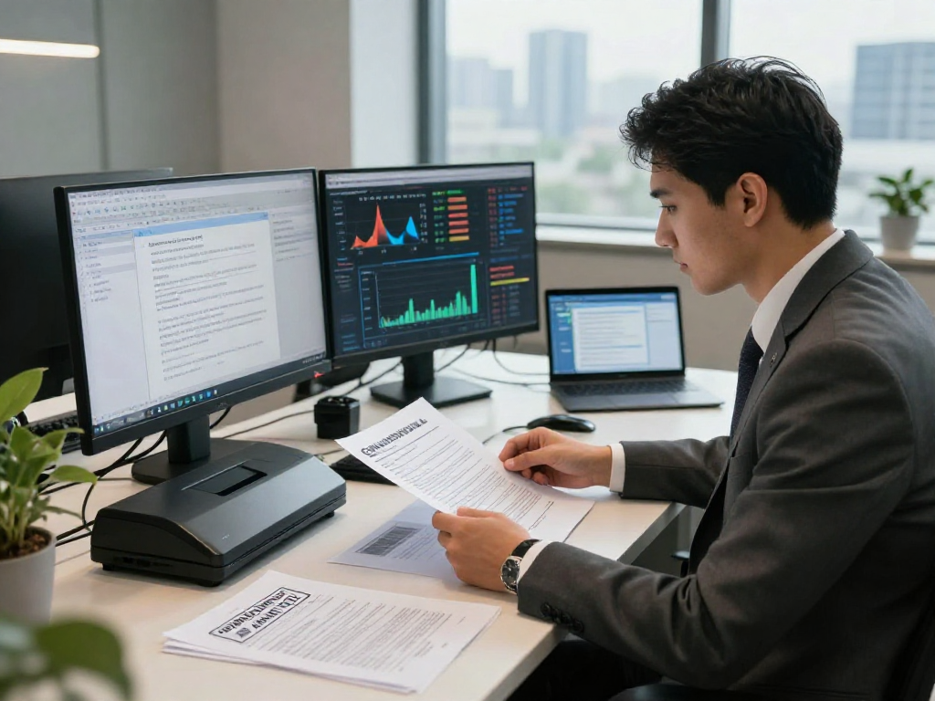 Focused analysis of document fraud detection in a modern office with high-tech tools, showcasing professional expertise.