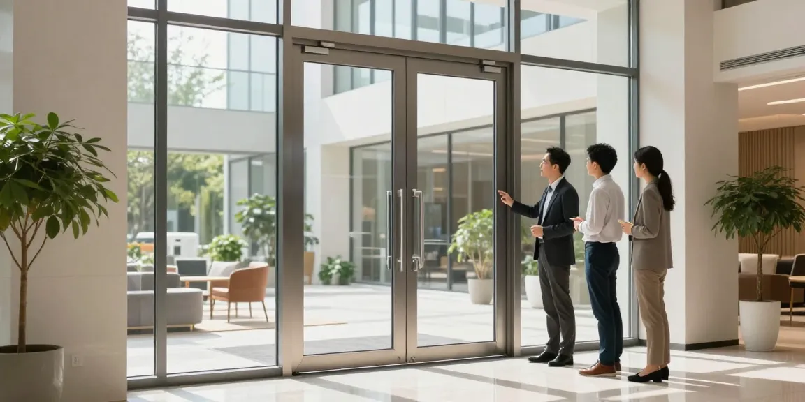 Elegant single leaf double swing door in modern lobby showcasing functionality and design.