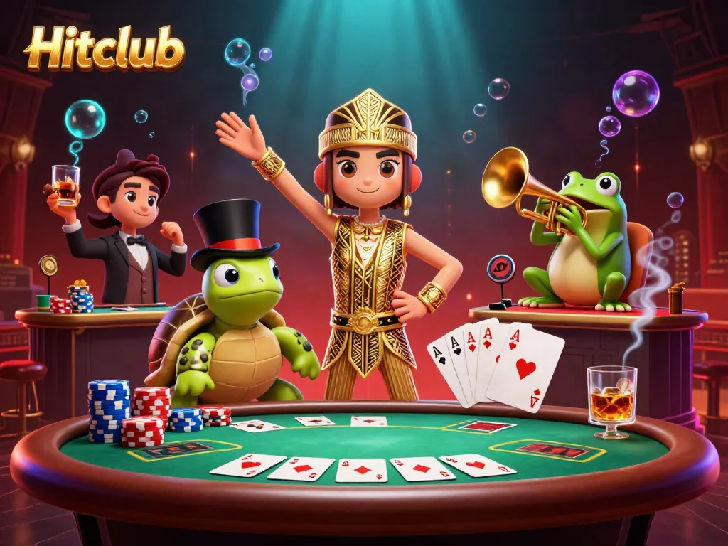 Engage in the vibrant atmosphere of Hitclub with poker action and spirited characters in a dynamic casino scene.