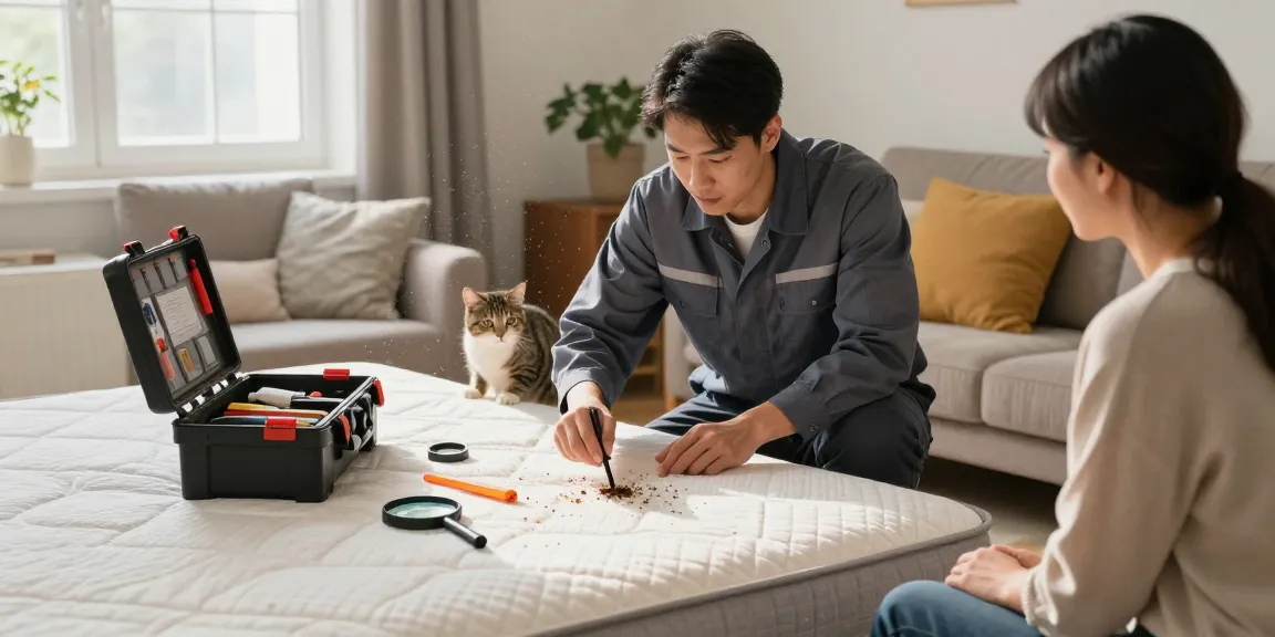 Professional pest control technician conducting bed bug removal inspection in a cozy living room, highlighting expertise and care.