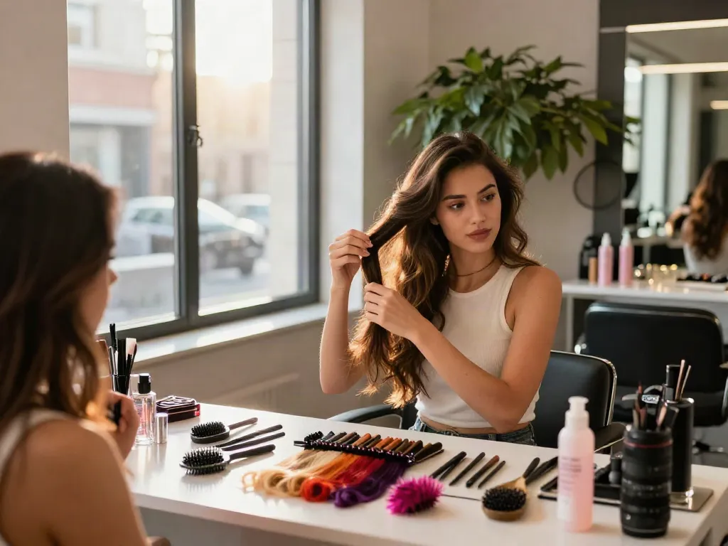 Young woman styling hair extensions and accessories in a chic beauty studio during daytime.