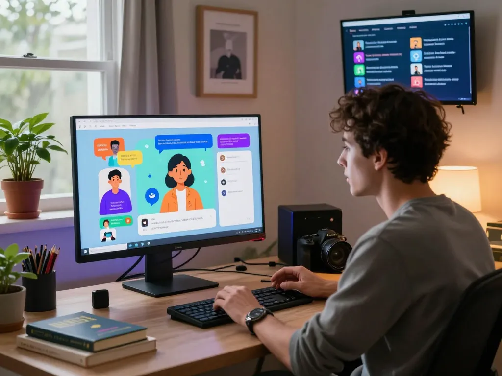 Person engaging in a porn ai chat from a cozy home office filled with colorful AI elements.