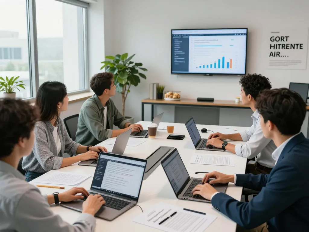 Team collaborating in a modern office to discuss temp agencies staffing strategies, showcasing teamwork and technology.