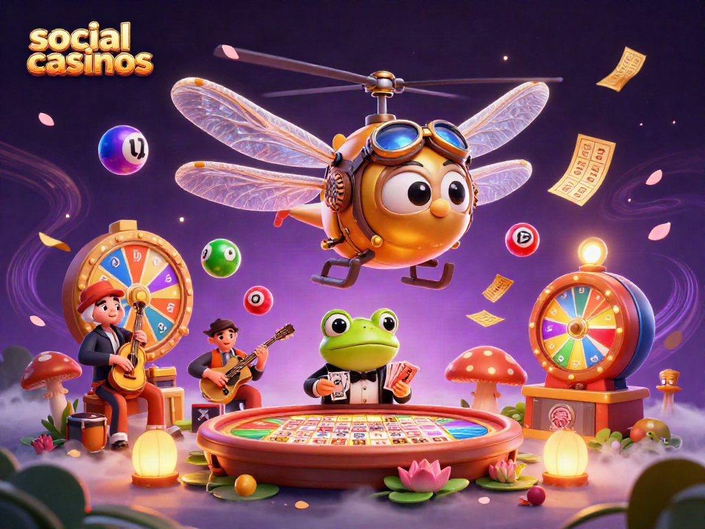 Experience excitement in social casinos with a dragonfly pilot and frog dealer amidst vibrant gaming elements.